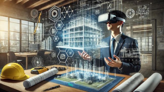 Civil engineer wearing a VR headset, interacting with a digital construction site showing holographic blueprints and models.