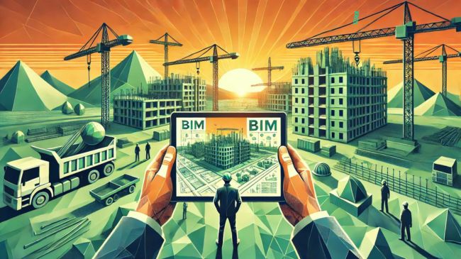 Civil engineer holding a tablet displaying a digital BIM blueprint at a construction site with cranes, buildings, and workers in a low-poly style.