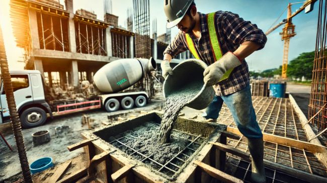 A construction worker pouring fly ash concrete into a mold at a building site, demonstrating the use of sustainable materials in construction.