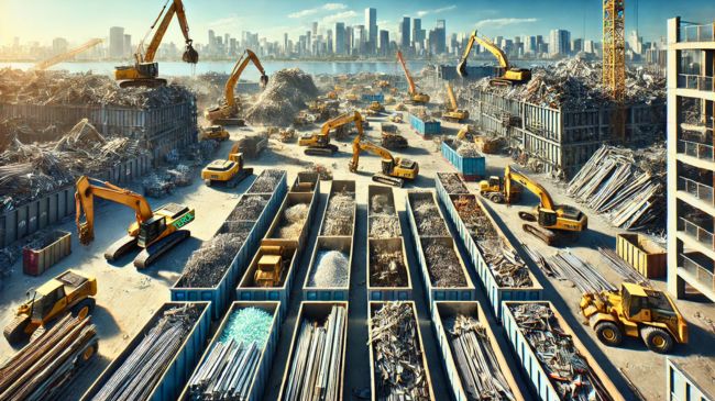 A wide view of a demolition site with construction machinery sorting materials like steel beams, glass, and concrete for recycling, set against a modern city skyline.