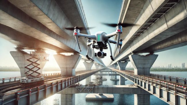 Drone hovering close to a bridge structure, capturing detailed images of the bridge's surface with its camera.