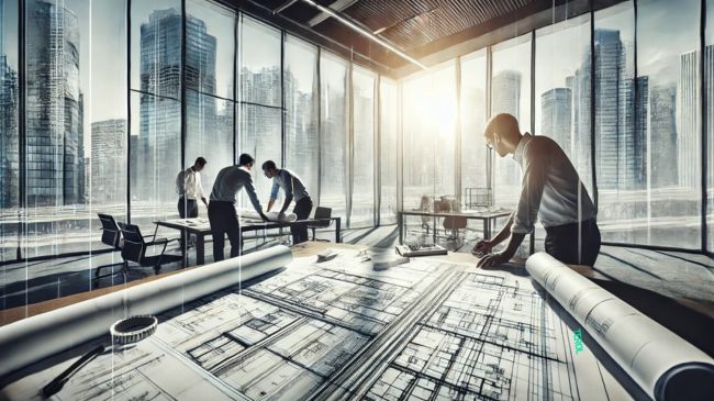 Engineers focused on a large blueprint in an office with a city view, symbolizing design turning into real infrastructure.