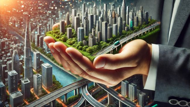 Symbolic image of a massive hand holding a cityscape, representing civil engineering as the base of infrastructure