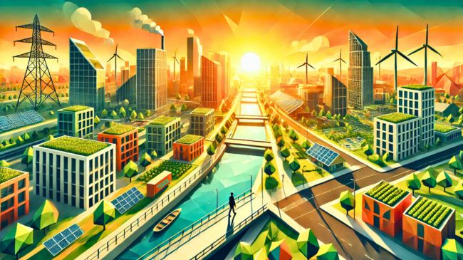 A low-poly style cityscape with modern buildings featuring green roofs, solar panels, and wind turbines, with a sunrise backdrop. Urban elements like roads, bridges, and a river with rainwater harvesting systems blend with nature.