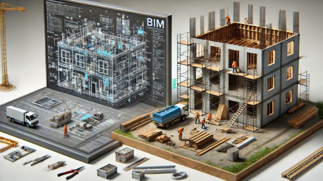 BIM basics -Side-by-side image of a modest-scale construction project with a BIM model on one side and the actual construction site with workers on the other, highlighting BIM’s benefits for small projects.