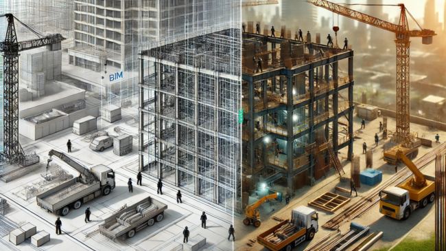 Split-screen image showing a digital BIM model of a building on one side and a physical construction site with workers and machinery on the other, highlighting the transition from model to real-world structure.