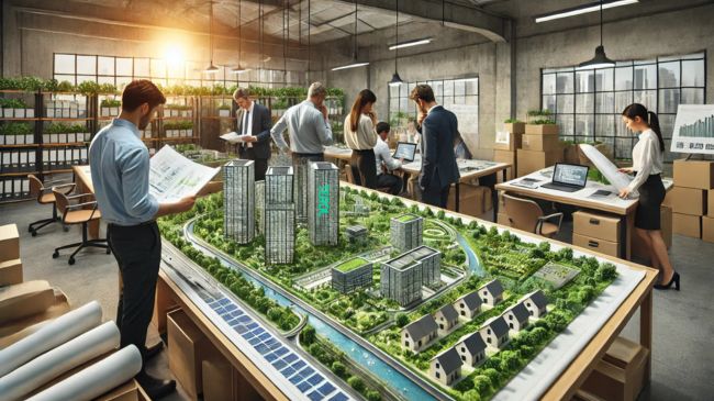 Civil engineers reviewing sustainable city blueprints with a large model displaying green rooftops, rain gardens, and solar panels