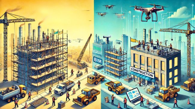 Comparison of traditional and modern construction sites with advanced technologies like drones, BIM, and AI.