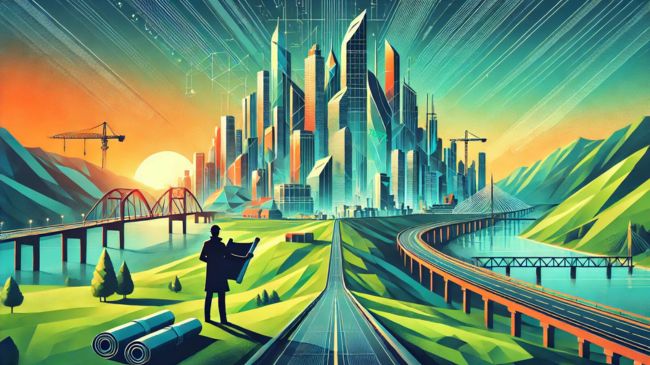 A futuristic cityscape with geometric skyscrapers, bridges, green hills, and a long road leading to the city under a vibrant sunrise. An engineer silhouette stands in the foreground holding blueprints.