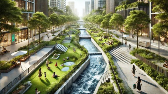 A vibrant urban park with visible water channels and families enjoying the green space, designed for stormwater retention.