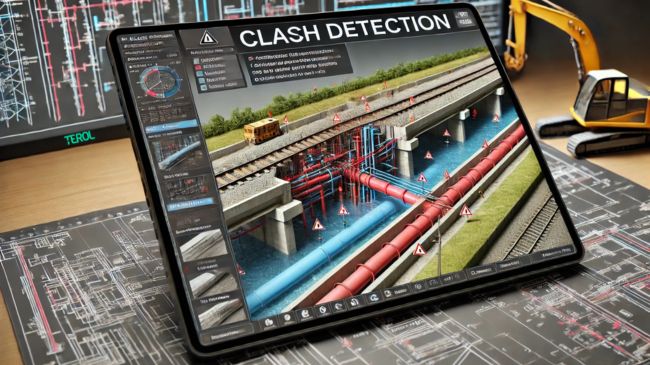 Digital BIM interface showcasing a clash detection scenario with a conflict between a foundation and a utility pipe marked by red warnings, and actionable resolution suggestions in a side panel.