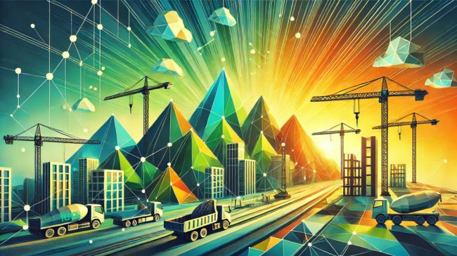 a BIM construction scene with cranes and trucks, set against a vibrant sunrise and geometric mountain backdrop in shades of green, orange, and yellow.