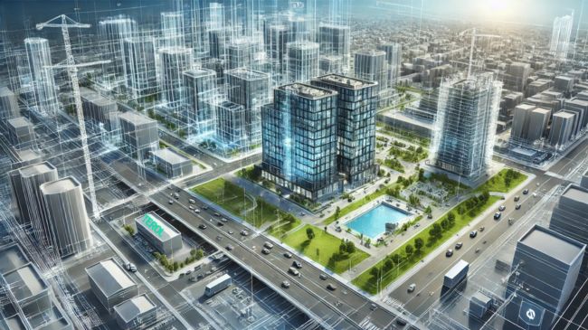 A completed urban development project with a semi-transparent BIM overlay, blending technology and reality to highlight the efficiency of collaborative engineering