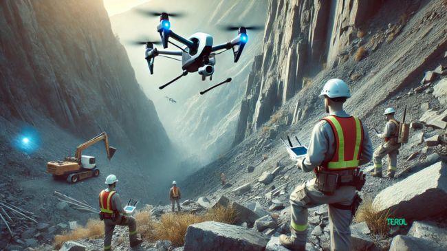 A drone hovers near a steep, rocky slope while surveyors in safety gear watch from a safe distance, highlighting safety.