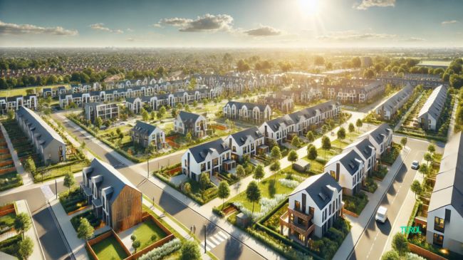 Aerial view of a modern housing project with well-aligned houses, green spaces, and pathways under a clear blue sky.