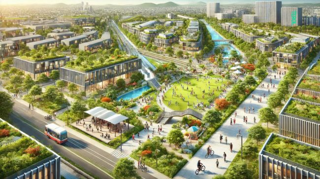 Wide-format illustration of a bustling, sustainable urban community with vibrant green spaces, modern buildings, functional pathways, and people engaging in various activities.