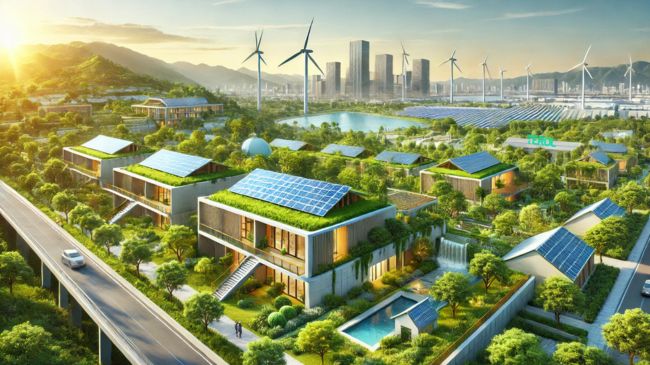 Photo-realistic view of a sustainable urban development site featuring green-roofed buildings with solar panels, a rainwater harvesting system, wind turbines in the background, and vibrant greenery.