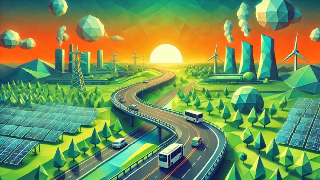 a futuristic highway with solar panel structures and lush green landscapes, set against a glowing orange sunset with a geometric city skyline in the background.