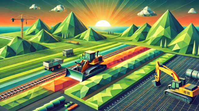 civil engineering site, showcasing grading work with bulldozers, excavators, and geometric mountains in shades of green and orange. A vibrant sunrise creates a futuristic and innovative atmosphere.