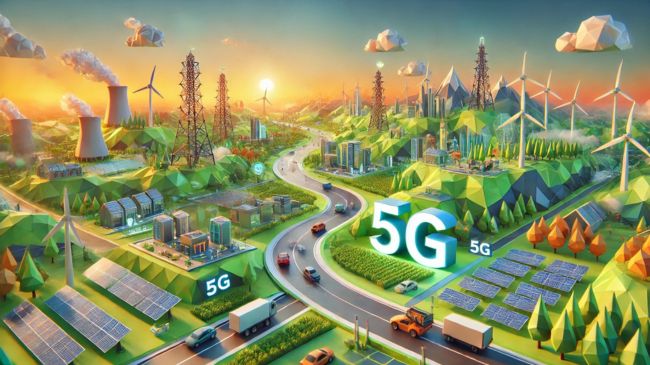 A futuristic low-poly style illustration of a smart city with 5G connectivity, featuring highways, self-driving vehicles, solar panels, wind turbines, and digital infrastructure in a vibrant green and orange landscape.