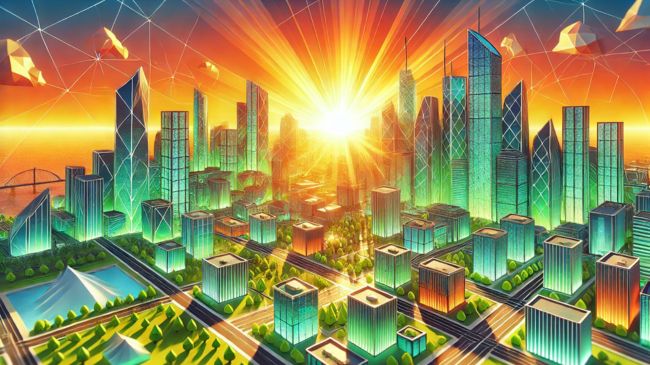 A futuristic city skyline in a low-poly art style with AI energy-efficient infrastructure and sustainable designs.